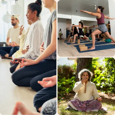 Collage of diverse people practicing yoga and meditation in both indoor studio and outdoor nature settings.